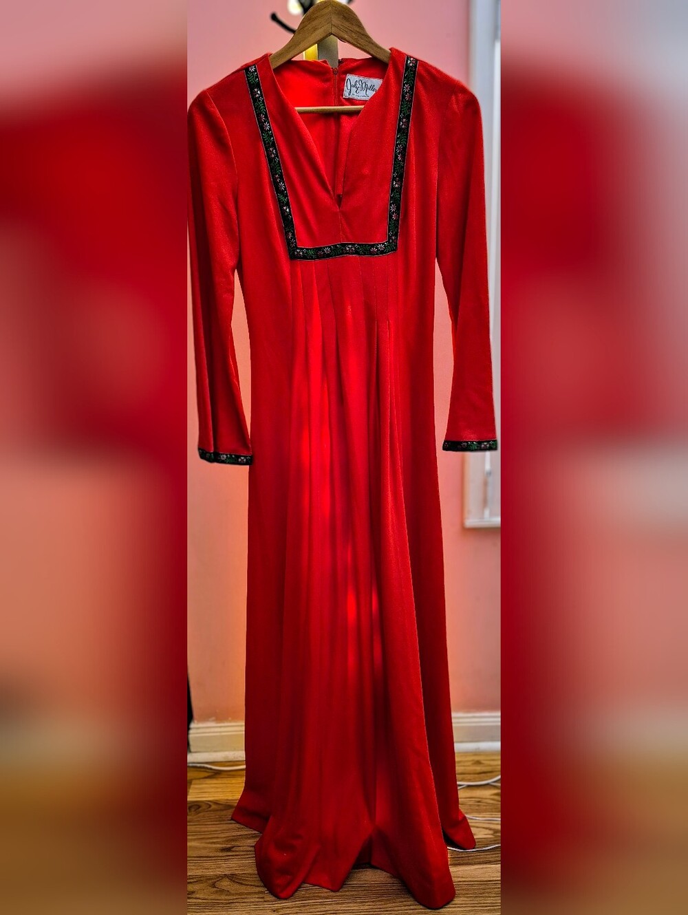 Vintage 1970s ,Julie Miller,Women's Red Maxi Dress with Embroidered Trim